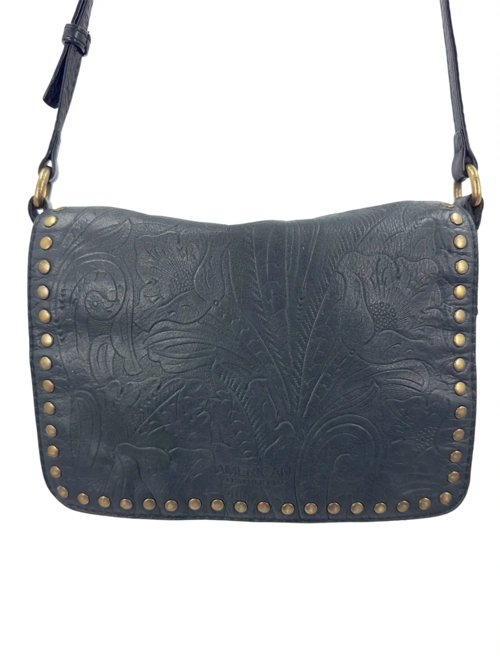 American Leather Co Tooled Leather Crossbody Purse Studded Boho Classic Flap Bag